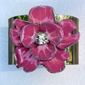 Large Pink Flower Silver Cuff Bracelet
